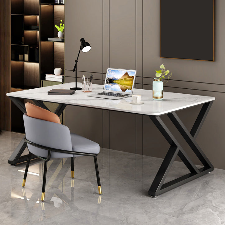 White and Grey Computer Desk Rectangular Writing Desk Stone and Metal 63"L x 31.5"W x 29.5"H White Clearhalo 'furn' 'furn_office_desk' 'Furniture' 'Office Desks' 'Office Furniture' 'office_desk' 6088814