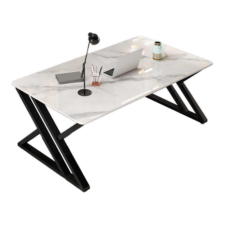 White and Grey Computer Desk Rectangular Writing Desk Stone and Metal White Clearhalo 'furn' 'furn_office_desk' 'Furniture' 'Office Desks' 'Office Furniture' 'office_desk' 6088820