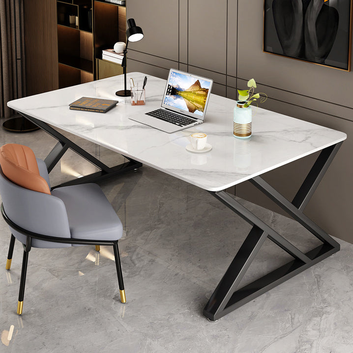 White and Grey Computer Desk Rectangular Writing Desk Stone and Metal Clearhalo 'furn' 'furn_office_desk' 'Furniture' 'Office Desks' 'Office Furniture' 'office_desk' 6088823