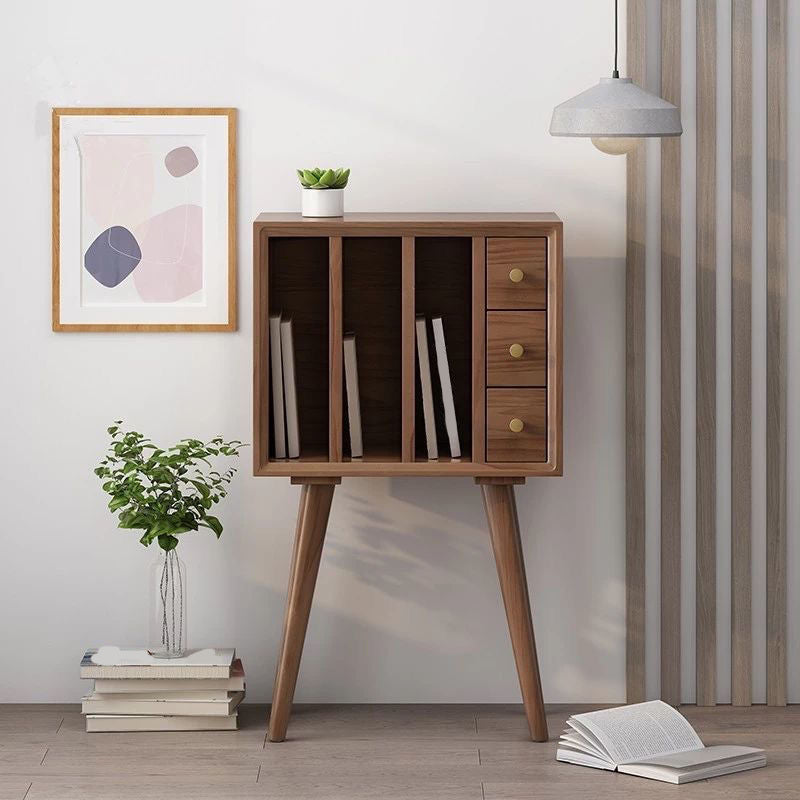 11" Wide Contemporary Shelf Closed Back Solid Wood Pine Bookcase Light Walnut Drawers Clearhalo 'Bookcases' 'furn' 'furn_bookcases' 'Furniture' 'Office Furniture' 6089316