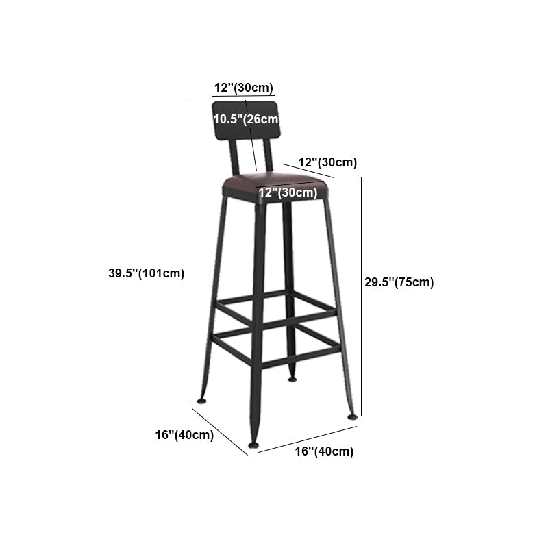 Industrial Indoor Bar & Counter Stool Square Footrest Backrest Black Metal Counter Stool