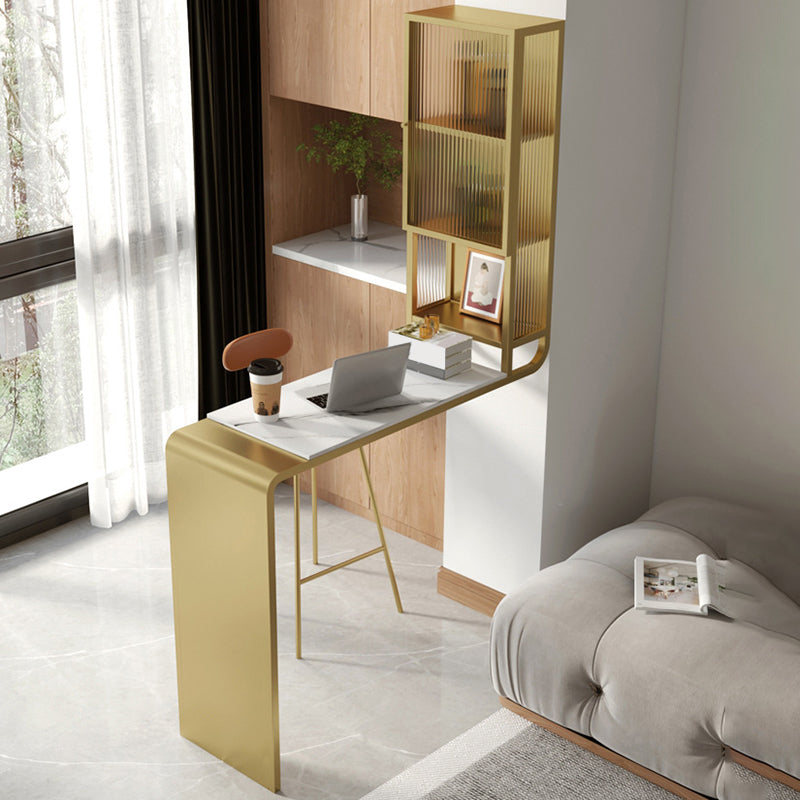 Glam Rectangle Bar Dining Table Stone Top and Metal Frame Bar Table 45.3"L x 15.7"W x 41.3"H Gold Without Chairs Clearhalo 'Bar Furniture' 'Bar Tables' 'bar_tables' 'furn' 'furn_bar_tables' 'Furniture' 'Kitchen & Dining Furniture' 6097095
