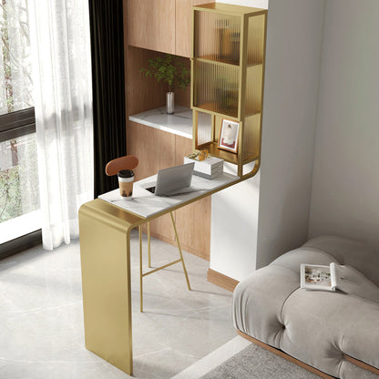 Glam Rectangle Bar Dining Table Stone Top and Metal Frame Bar Table 45.3"L x 15.7"W x 41.3"H Gold Without Chairs Clearhalo 'Bar Furniture' 'Bar Tables' 'bar_tables' 'furn' 'furn_bar_tables' 'Furniture' 'Kitchen & Dining Furniture' 6097095