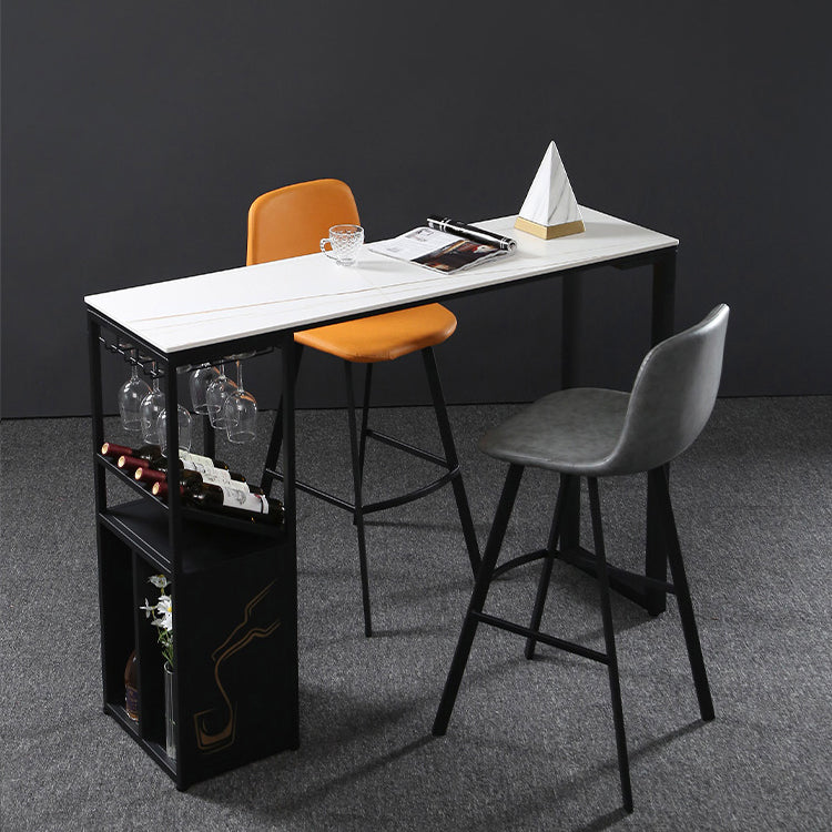 Industrial Rectangle Pub Table White Sintered Stone Bar Height Cocktail Table with Shelves 70.9"L x 15.7"W x 41.3"H Without Chairs Clearhalo 'Bar Furniture' 'Bar Tables' 'bar_tables' 'furn' 'furn_bar_tables' 'Furniture' 'Kitchen & Dining Furniture' 6097223