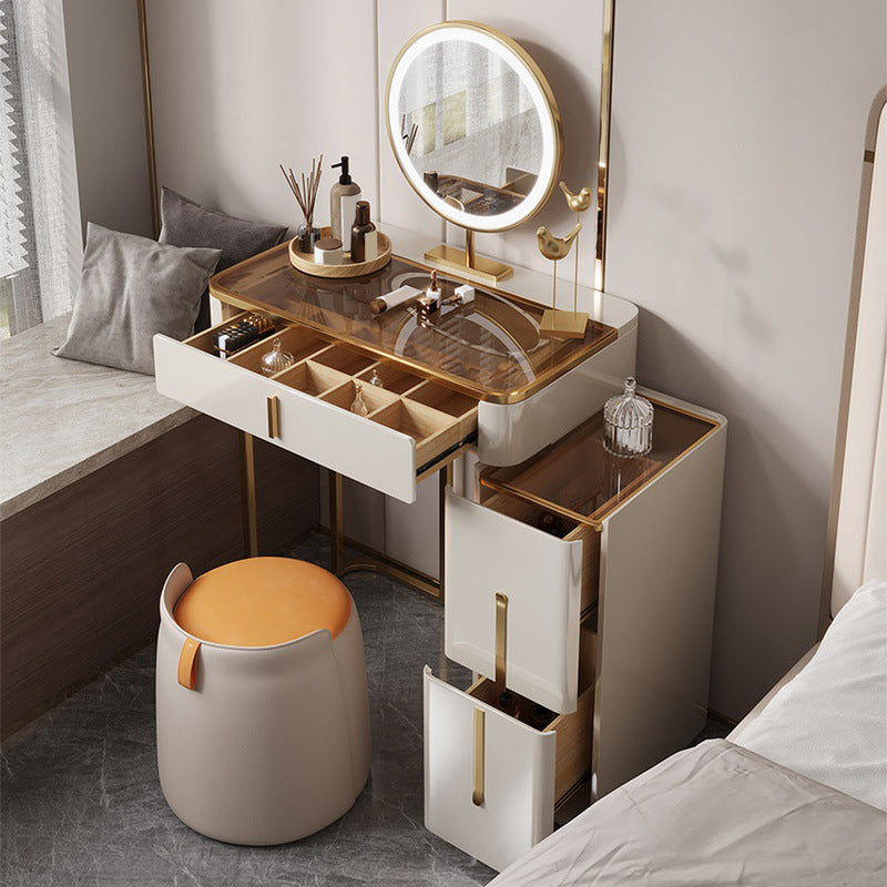 Contemporary Makeup Vanity Desk Table 3 Drawer Glass Top Dressing Table Clearhalo 'Bedroom Furniture' 'furn' 'furn_makeup_vanities' 'Furniture' 'Makeup Vanities' 'makeup_vanities' 6099107