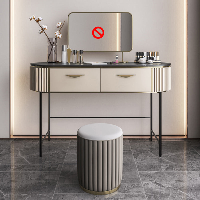 2 Storage Drawers Dresser with Mirror & Padded Stool Contemporary Stone Top Vanity Makeup Vanity & Stools Clearhalo 'Bedroom Furniture' 'furn' 'furn_makeup_vanities' 'Furniture' 'Makeup Vanities' 'makeup_vanities' 6099140