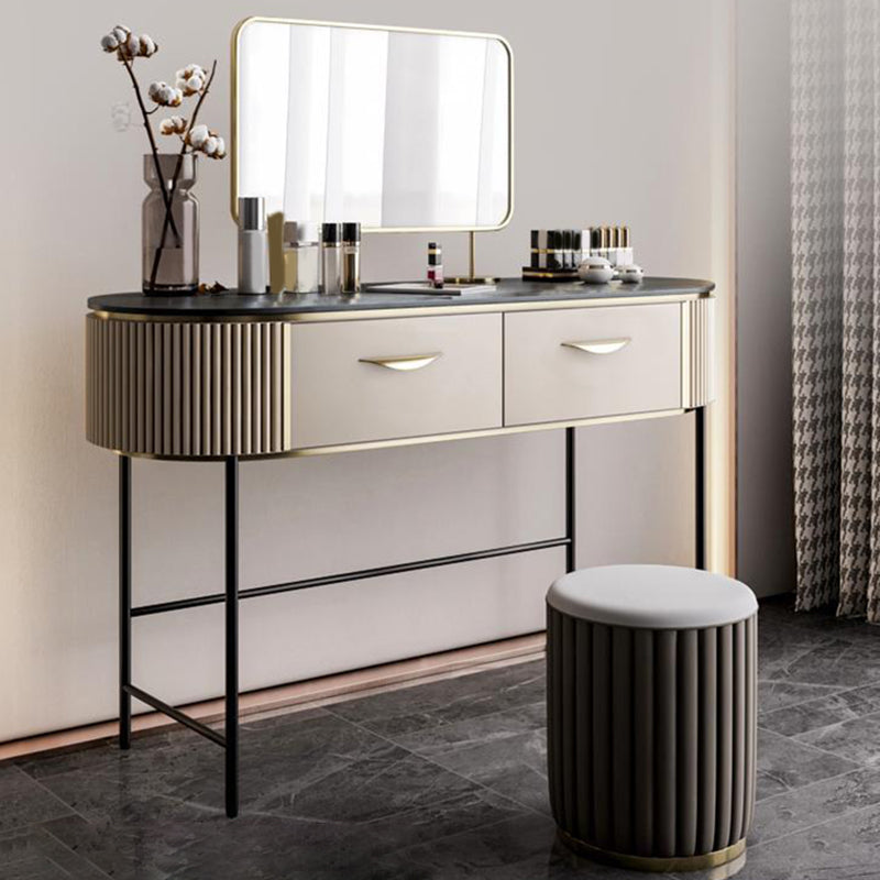 2 Storage Drawers Dresser with Mirror & Padded Stool Contemporary Stone Top Vanity Clearhalo 'Bedroom Furniture' 'furn' 'furn_makeup_vanities' 'Furniture' 'Makeup Vanities' 'makeup_vanities' 6099142
