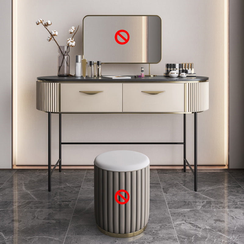 2 Storage Drawers Dresser with Mirror & Padded Stool Contemporary Stone Top Vanity Makeup Vanity Clearhalo 'Bedroom Furniture' 'furn' 'furn_makeup_vanities' 'Furniture' 'Makeup Vanities' 'makeup_vanities' 6099143