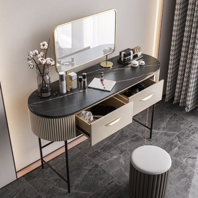 2 Storage Drawers Dresser with Mirror & Padded Stool Contemporary Stone Top Vanity Clearhalo 'Bedroom Furniture' 'furn' 'furn_makeup_vanities' 'Furniture' 'Makeup Vanities' 'makeup_vanities' 6099145