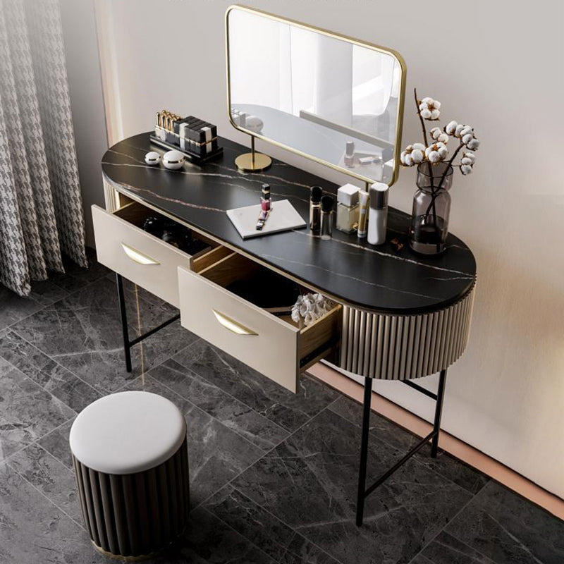 2 Storage Drawers Dresser with Mirror & Padded Stool Contemporary Stone Top Vanity Clearhalo 'Bedroom Furniture' 'furn' 'furn_makeup_vanities' 'Furniture' 'Makeup Vanities' 'makeup_vanities' 6099155