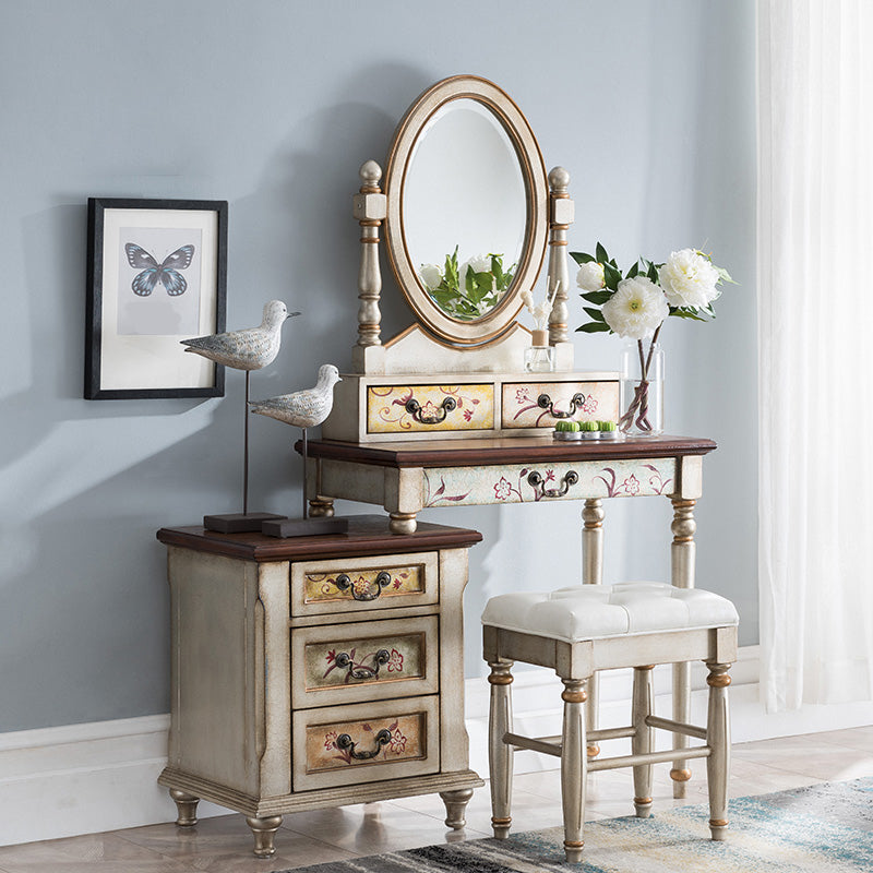 Victorian Vanity Set Solid Wood Drawers Included Makeup Dressing Table With Mirror & Stool Makeup Vanity & Stools 47"L x 16"W x 61"H Walnut+Beige Clearhalo 'Bedroom Furniture' 'furn' 'furn_makeup_vanities' 'Furniture' 'Makeup Vanities' 'makeup_vanities' 6099175