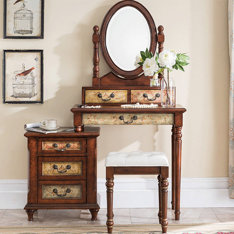 Victorian Vanity Set Solid Wood Drawers Included Makeup Dressing Table With Mirror & Stool Makeup Vanity & Stools 47"L x 16"W x 61"H Brown Clearhalo 'Bedroom Furniture' 'furn' 'furn_makeup_vanities' 'Furniture' 'Makeup Vanities' 'makeup_vanities' 6099178
