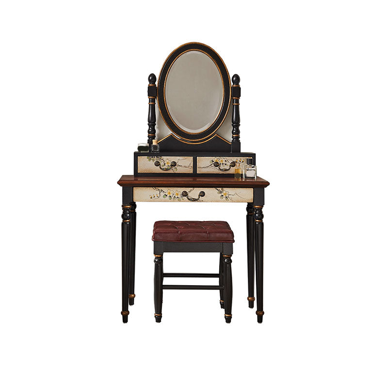 Victorian Vanity Set Solid Wood Drawers Included Makeup Dressing Table With Mirror & Stool Makeup Vanity & Stools 31"L x 16"W x 61"H Walnut+Black Clearhalo 'Bedroom Furniture' 'furn' 'furn_makeup_vanities' 'Furniture' 'Makeup Vanities' 'makeup_vanities' 6099179