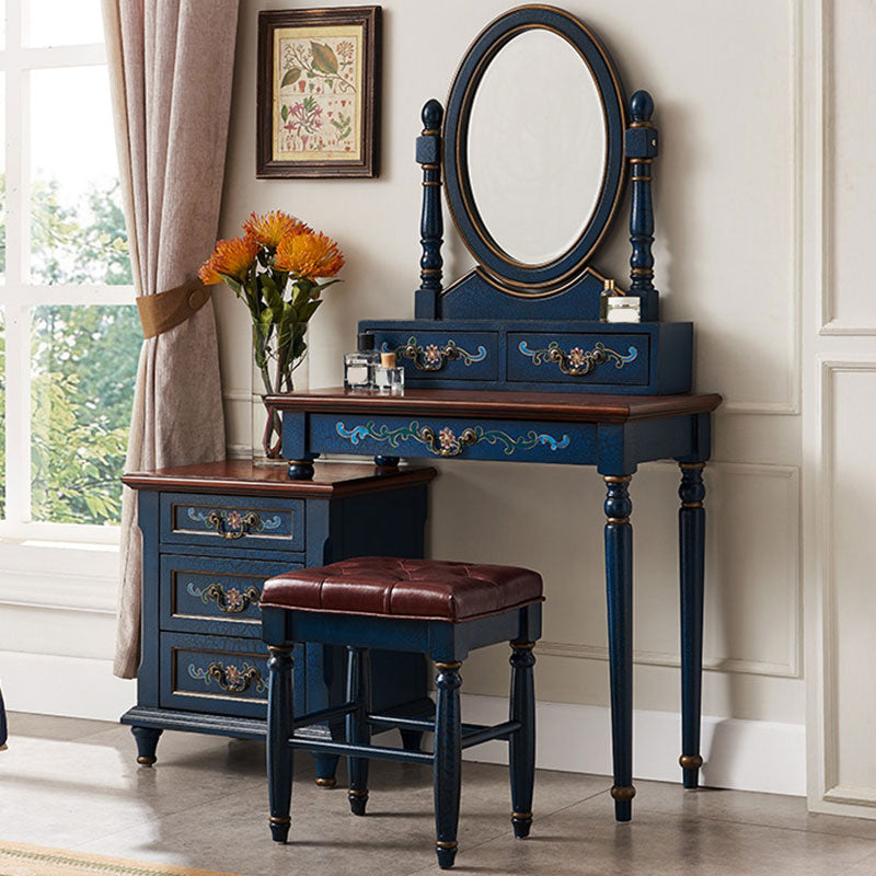 Victorian Vanity Set Solid Wood Drawers Included Makeup Dressing Table With Mirror & Stool Makeup Vanity & Stools 47"L x 16"W x 61"H Blue Clearhalo 'Bedroom Furniture' 'furn' 'furn_makeup_vanities' 'Furniture' 'Makeup Vanities' 'makeup_vanities' 6099180