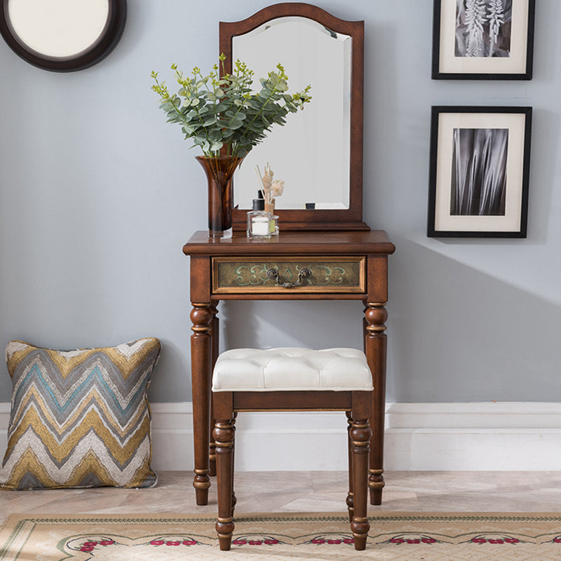 Victorian Vanity Set Solid Wood Drawers Included Makeup Dressing Table With Mirror & Stool Makeup Vanity & Stools 24"L x 16"W x 57"H Brown Clearhalo 'Bedroom Furniture' 'furn' 'furn_makeup_vanities' 'Furniture' 'Makeup Vanities' 'makeup_vanities' 6099181