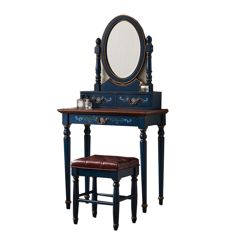Victorian Vanity Set Solid Wood Drawers Included Makeup Dressing Table With Mirror & Stool Makeup Vanity & Stools 31"L x 16"W x 61"H Blue Clearhalo 'Bedroom Furniture' 'furn' 'furn_makeup_vanities' 'Furniture' 'Makeup Vanities' 'makeup_vanities' 6099182