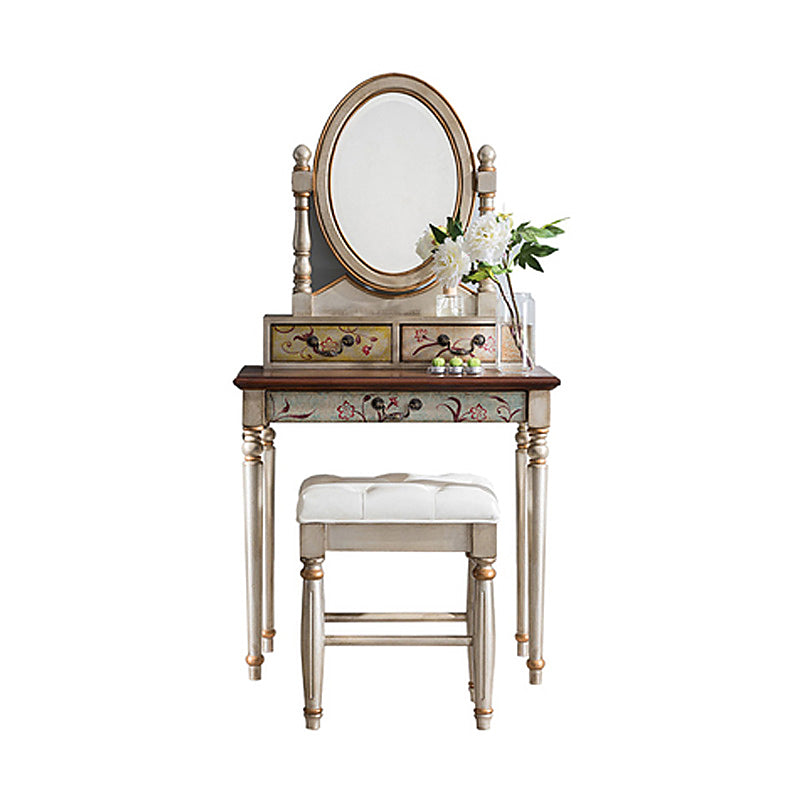 Victorian Vanity Set Solid Wood Drawers Included Makeup Dressing Table With Mirror & Stool Makeup Vanity & Stools 31"L x 16"W x 61"H Walnut+Beige Clearhalo 'Bedroom Furniture' 'furn' 'furn_makeup_vanities' 'Furniture' 'Makeup Vanities' 'makeup_vanities' 6099187