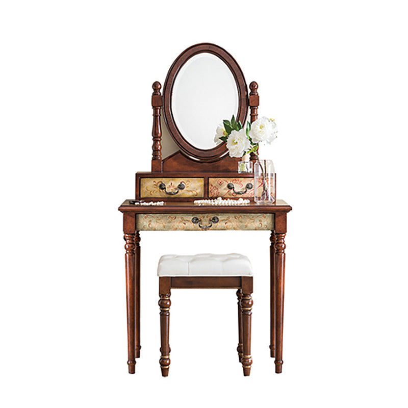 Victorian Vanity Set Solid Wood Drawers Included Makeup Dressing Table With Mirror & Stool Makeup Vanity & Stools 31"L x 16"W x 61"H Brown Clearhalo 'Bedroom Furniture' 'furn' 'furn_makeup_vanities' 'Furniture' 'Makeup Vanities' 'makeup_vanities' 6099188