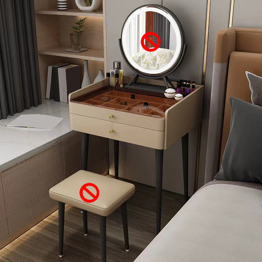 2 Storage Drawers Vanity Set Glass Top Jewelry Dressing Table with Padded Stool Makeup Vanity Khaki