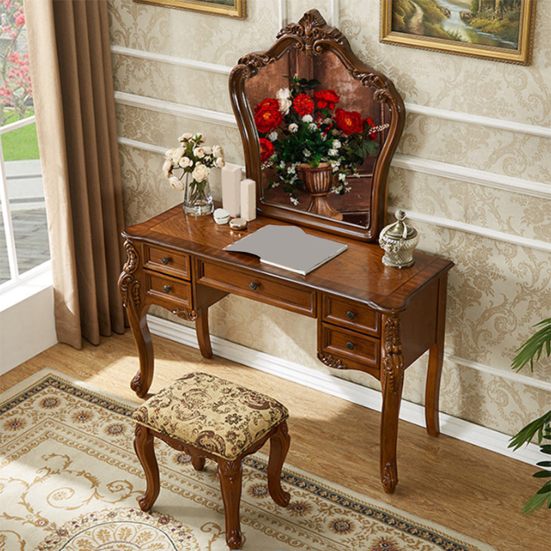 5-Drawer Solid Wood Vanity Makeup Dressing Table with Mirror & Stool in Brown