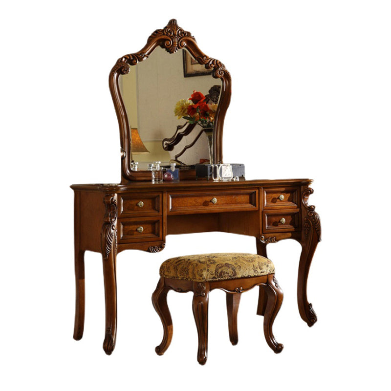 5-Drawer Solid Wood Vanity Makeup Dressing Table with Mirror & Stool in Brown