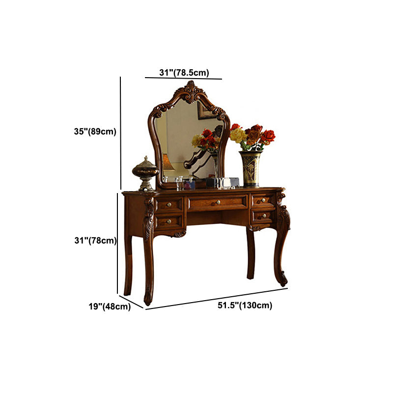 5-Drawer Solid Wood Vanity Makeup Dressing Table with Mirror & Stool in Brown