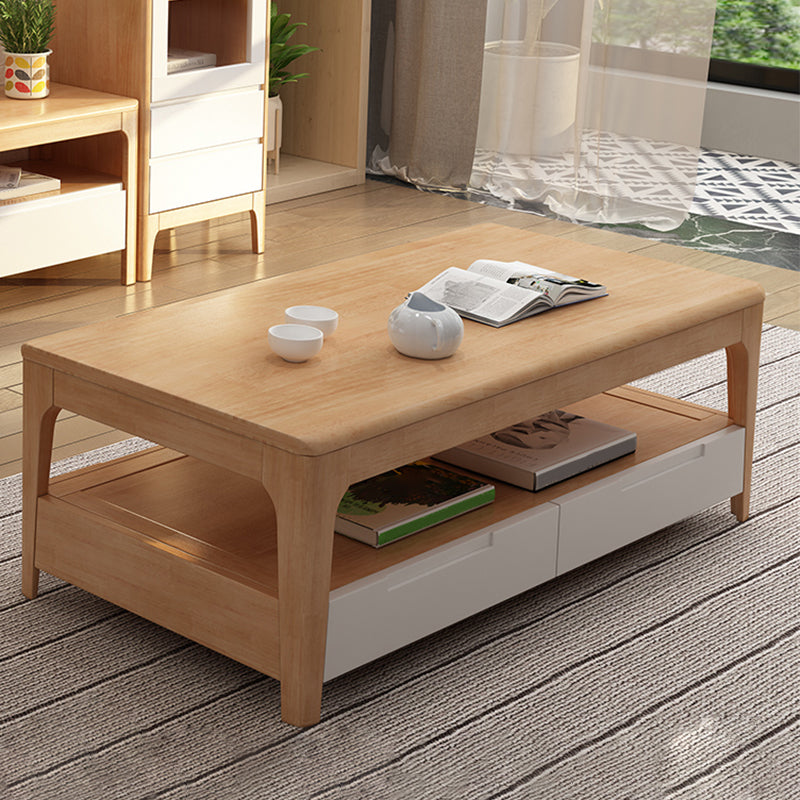 Modern 4 Legs with Storage Drawers Rectangular Single Coffee Table Wood+Beige Clearhalo 'Coffee & Accent Tables' 'Coffee Tables' 'coffee_tables' 'furn' 'furn_coffee_tables' 'Furniture' 'Living Room Furniture' 6099504