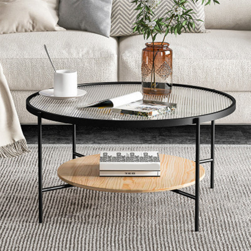 Contemporary 3 Legs Glass with Storage Shelf Round Single Coffee Table Wood-Black Clearhalo 'Coffee & Accent Tables' 'Coffee Tables' 'coffee_tables' 'furn' 'furn_coffee_tables' 'Furniture' 'Living Room Furniture' 6099539