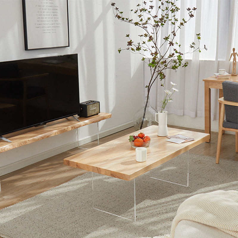 Scandinavian Rectangle Coffee Table with Solid Wood Top and 2 Acrylic Legs Clearhalo 'Coffee & Accent Tables' 'Coffee Tables' 'coffee_tables' 'furn' 'furn_coffee_tables' 'Furniture' 'Living Room Furniture' 6099582