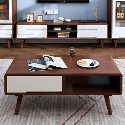 Mesa de centro individual rectangular de madera maciza contemporánea con estante de almacenamiento