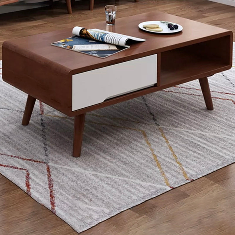 Mesa de centro individual rectangular de madera maciza contemporánea con estante de almacenamiento