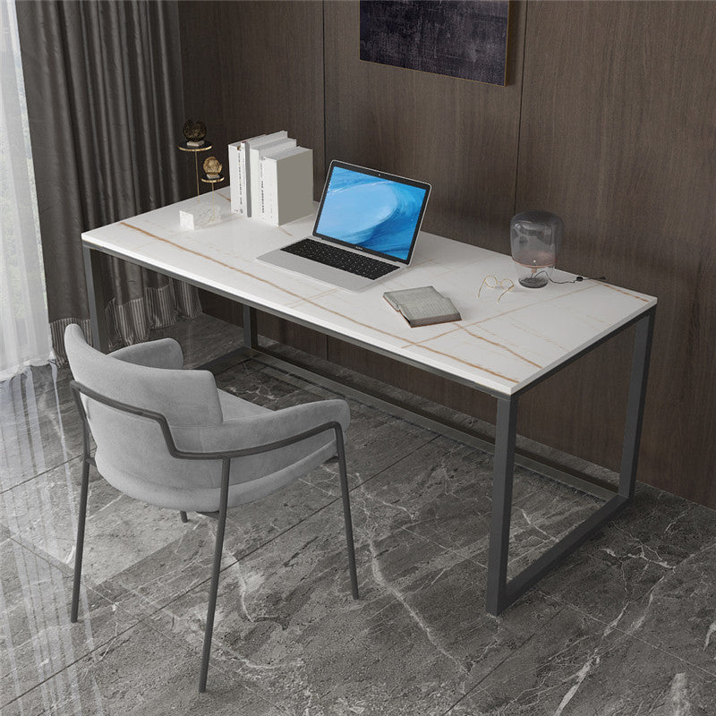 Marble H-Shape Writing Desk Mirrored with Black Metal Legs Home or Office Desk 55.1"L x 31.5"W x 29.5"H Clearhalo 'furn' 'furn_office_desk' 'Furniture' 'Office Desks' 'Office Furniture' 'office_desk' 6100778