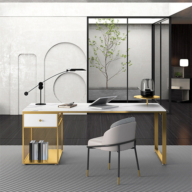 Glam Marble Mirrored Office Desk Pedestal 1-drawer Writing Desk 63"L x 31.5"W x 29.5"H White Clearhalo 'furn' 'furn_office_desk' 'Furniture' 'Office Desks' 'Office Furniture' 'office_desk' 6100809