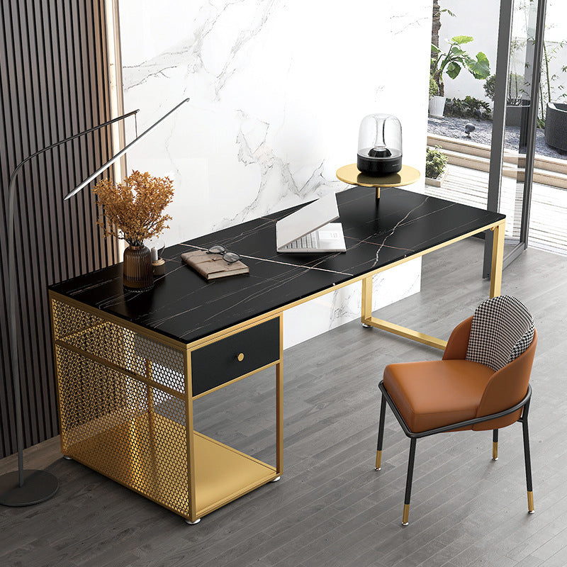 Glam Marble Mirrored Office Desk Pedestal 1-drawer Writing Desk 63"L x 31.5"W x 29.5"H Black Clearhalo 'furn' 'furn_office_desk' 'Furniture' 'Office Desks' 'Office Furniture' 'office_desk' 6100810