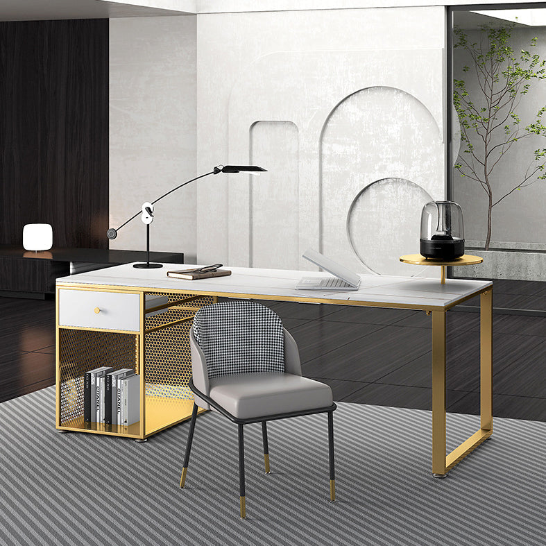 Glam Marble Mirrored Office Desk Pedestal 1-drawer Writing Desk Clearhalo 'furn' 'furn_office_desk' 'Furniture' 'Office Desks' 'Office Furniture' 'office_desk' 6100815