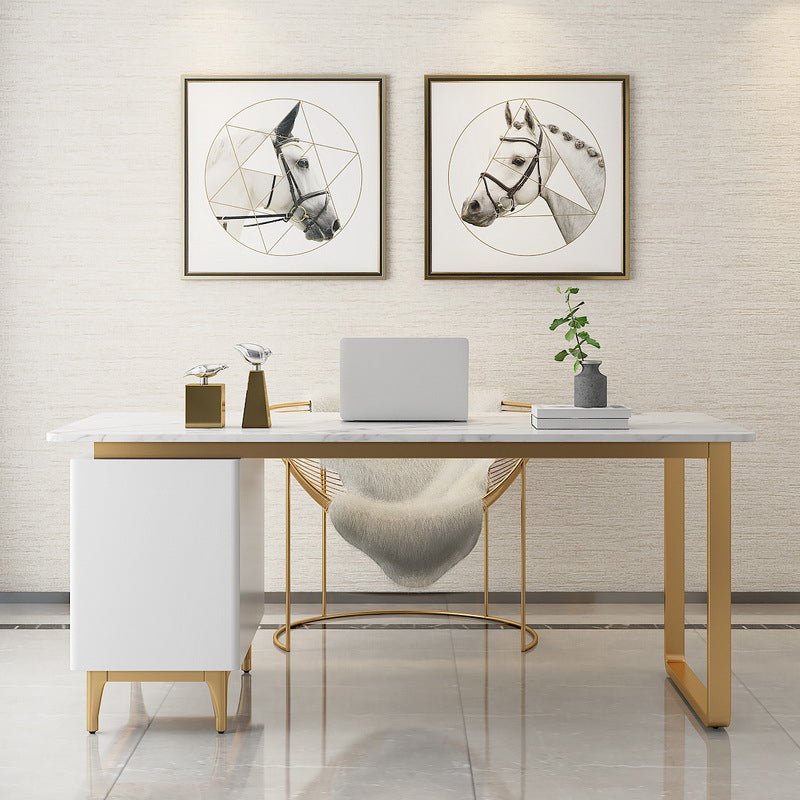 Glam White Marble Writing Desk with 3-Drawer Rectangular Office Desk 55.1"L x 27.6"W x 29.5"H Gold Clearhalo 'furn' 'furn_office_desk' 'Furniture' 'Office Desks' 'Office Furniture' 'office_desk' 6100931
