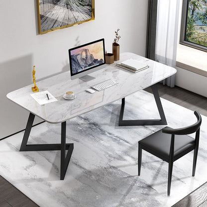 Glam Marble Rectangular Office Desk with Metal Legs White Writing Desk