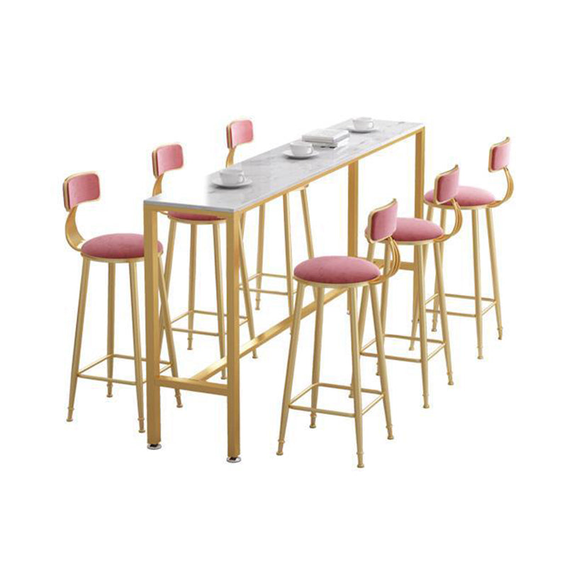 Glam Style Rectangle Bar Table 1/2/7 Pieces Faux Marble Counter Table 7 Pieces: Table, 6 Pink Stools Clearhalo 'Bar Furniture' 'furn' 'furn_home_bar_bar_sets' 'Furniture' 'Home Bars & Bar Sets' 'home_bar_bar_sets' 'Kitchen & Dining Furniture' 6105556
