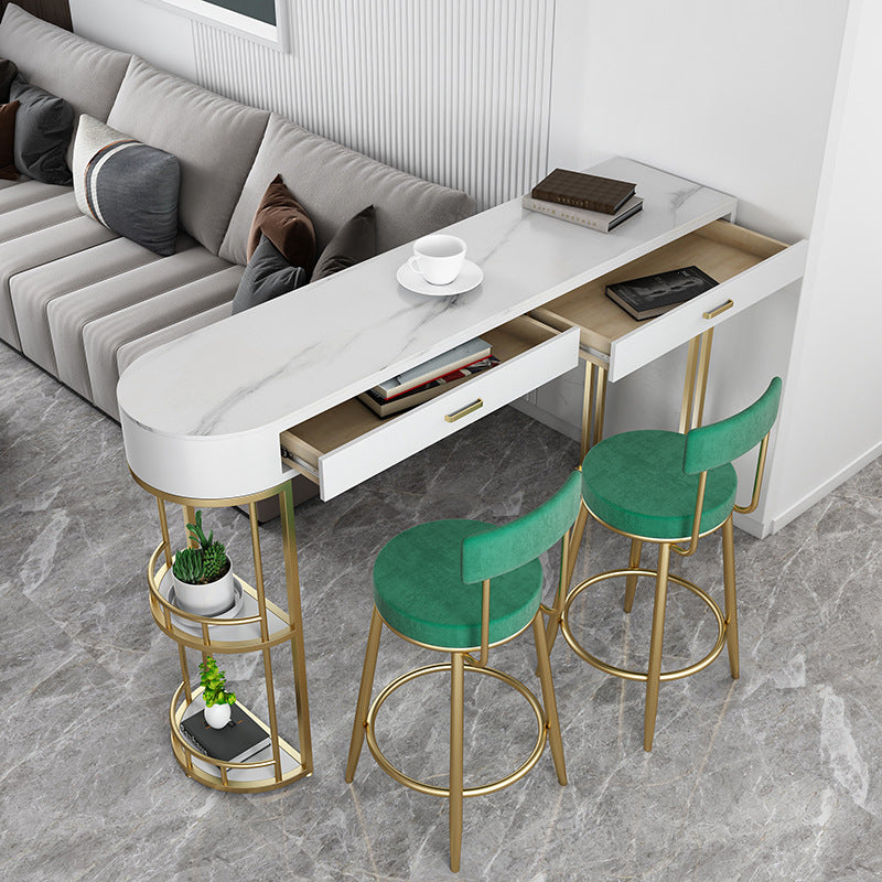 Glam Style Stone Bar Table 1/3/4 Pieces Counter Table with Upholstered Stools 3 Pieces: Table, 2 Light Green Stools Clearhalo 'Bar Furniture' 'furn' 'furn_home_bar_bar_sets' 'Furniture' 'Home Bars & Bar Sets' 'home_bar_bar_sets' 'Kitchen & Dining Furniture' 6105603