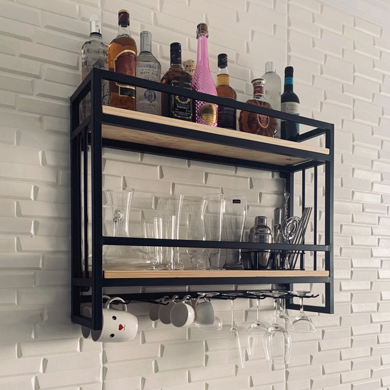 Modern Wall Mounted Wine Racks Metal Wine Jail With Glass Holder & Storage Shelf Natural 1 Piece Clearhalo 'furn' 'furn_wine_racks' 'Furniture' 'Kitchen & Dining Furniture' 'Wine Racks' 'wine_racks' 6111250