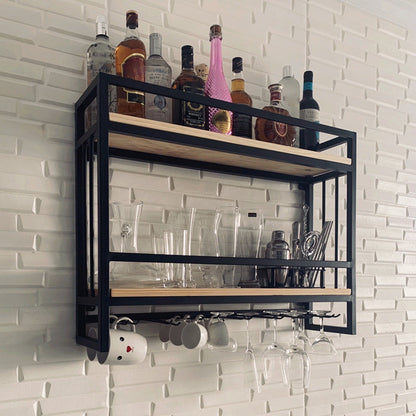 Modern Wall Mounted Wine Racks Metal Wine Jail With Glass Holder & Storage Shelf Natural 1 Piece Clearhalo 'furn' 'furn_wine_racks' 'Furniture' 'Kitchen & Dining Furniture' 'Wine Racks' 'wine_racks' 6111250