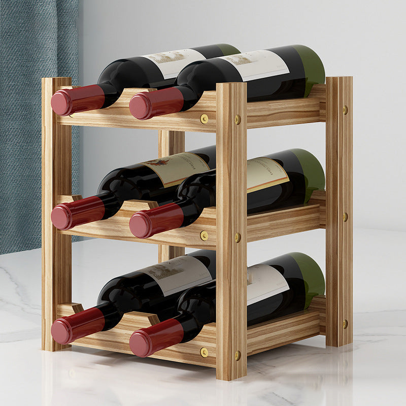 Modern Countertop Wine Bottle Holder Pine Bottle Wine Rack with Shelf 9.4"L x 8.8"W x 11"H Light Brown 1 Piece Clearhalo 'furn' 'furn_wine_racks' 'Furniture' 'Kitchen & Dining Furniture' 'Wine Racks' 'wine_racks' 6116063