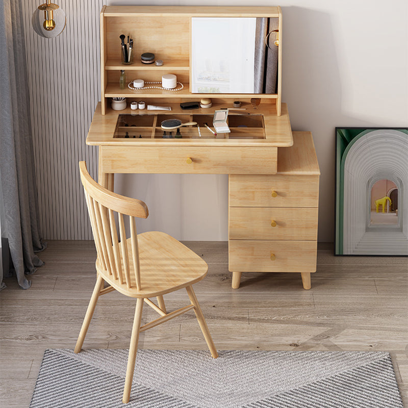 Taburete de tocador de maquillaje de madera con espejo en acabado natural/nogal