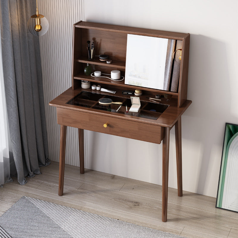 Taburete de tocador de maquillaje de madera con espejo en acabado natural/nogal