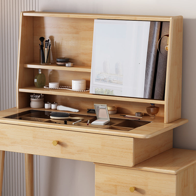 Taburete de tocador de maquillaje de madera con espejo en acabado natural/nogal