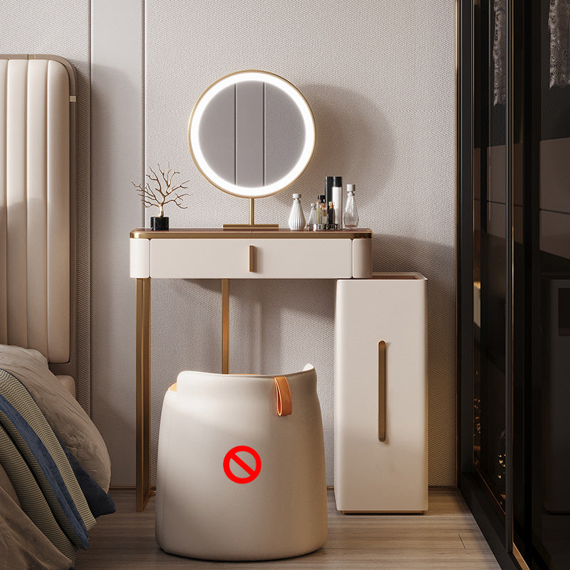 Luxuriöser Glas Waschtisch mit Spiegel & Stuhl 3 Schubladen Beige Dressing Tisch