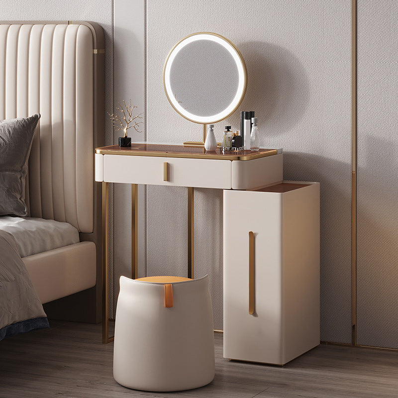 Luxuriöser Glas Waschtisch mit Spiegel & Stuhl 3 Schubladen Beige Dressing Tisch