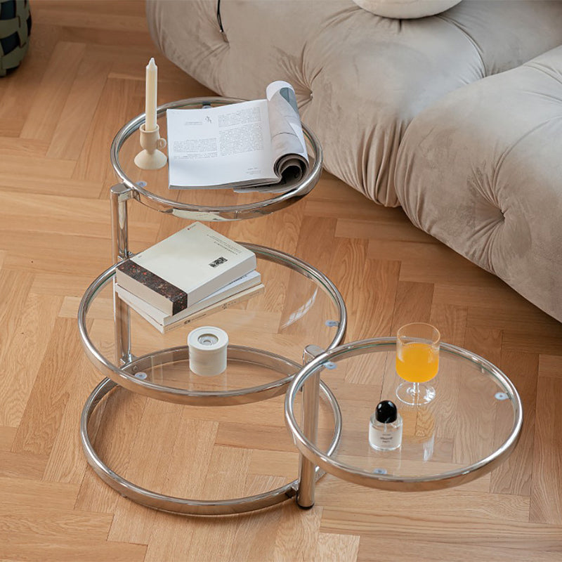 Extendable Coffee Table with Glass Round Top and Stainless Steel Base Clearhalo 'Coffee & Accent Tables' 'Coffee Tables' 'coffee_tables' 'furn' 'furn_coffee_tables' 'Furniture' 'Living Room Furniture' 6118920