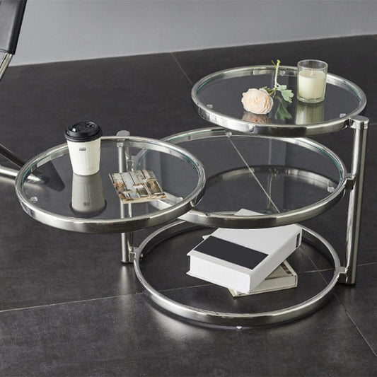 ガラスの丸いトップとステンレス鋼のベースを備えた拡張可能なコーヒーテーブル