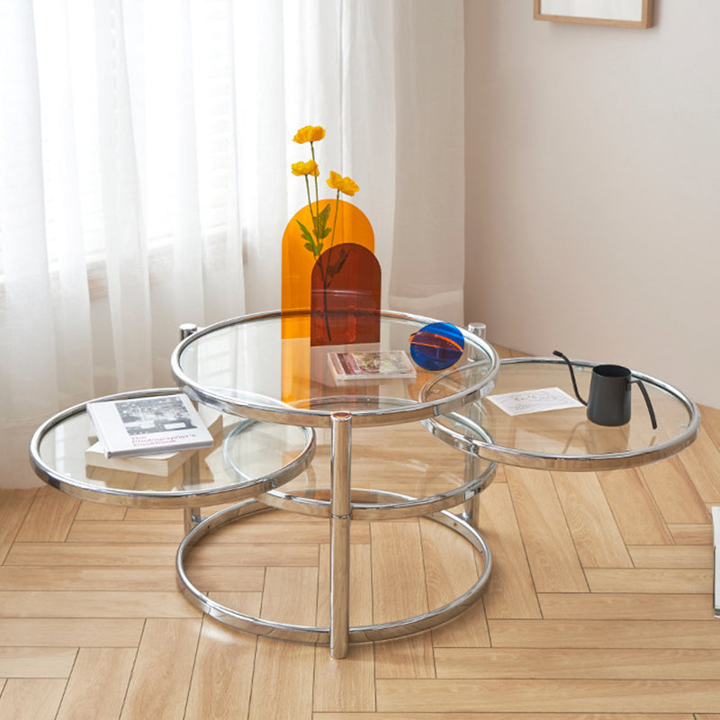 Extendable Coffee Table with Glass Round Top and Stainless Steel Base Clearhalo 'Coffee & Accent Tables' 'Coffee Tables' 'coffee_tables' 'furn' 'furn_coffee_tables' 'Furniture' 'Living Room Furniture' 6118923